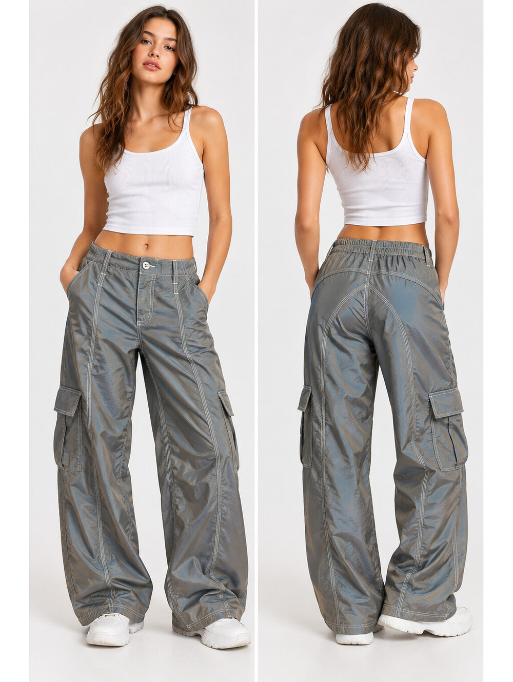 Urban Outfitters Women's Cargo Parachute Pants S/P Gray Metallic Wide Leg Y2K